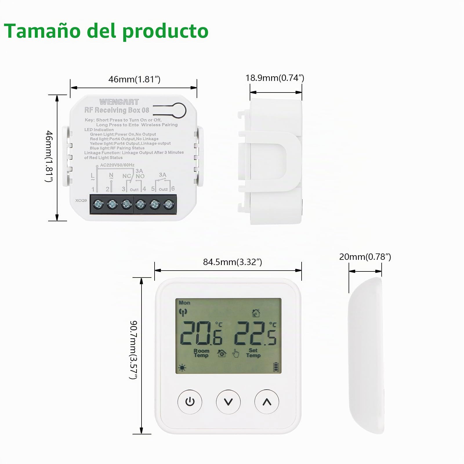 Wengart Termostato Inalámbrico Programable para Calefacción (RF), Receptor con Salida Dual para Caldera de Gas y Suelo Radiante (Agua), Pantalla LCD, Control de Temperatura Sin Hilos, WG01RF