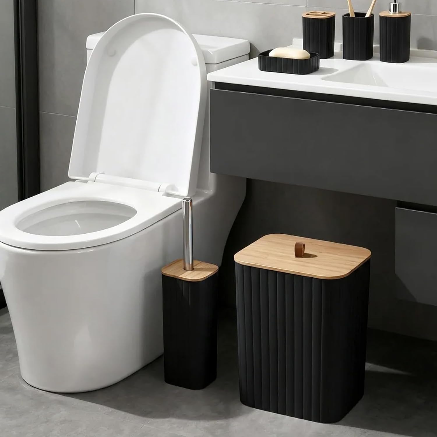 6PCS Bathroom Accessory Set, Black Bathroom Sets with Trash Can & Soap Dispenser, Tumbler, Toothbrush Holder, Soap Dish, Toilet Brush and Holder Set