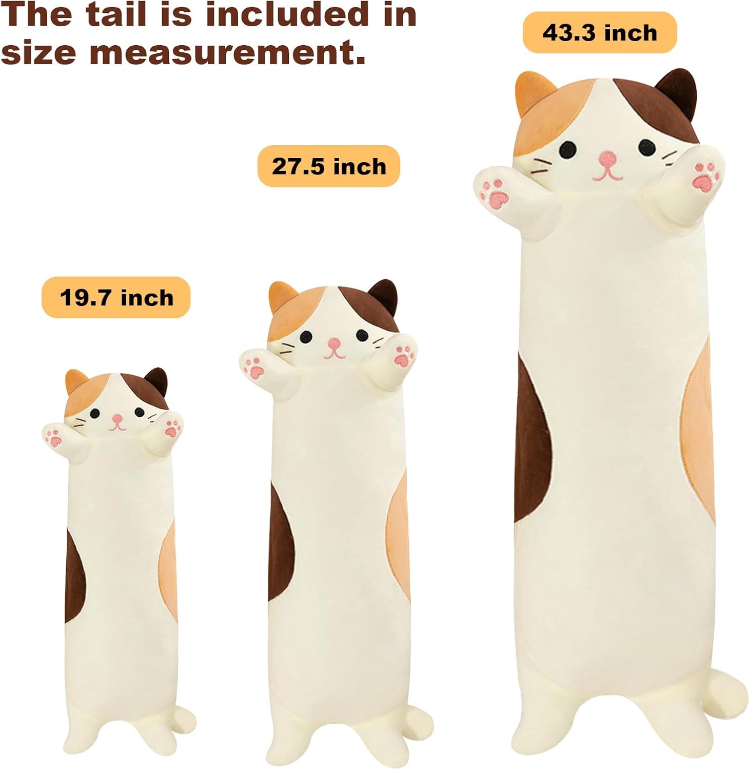 PEACH CAT 43.3" Long Cat Plush Pillow Cute Kitten Stuffed Animals Soft Plushies Toy Gifts for Kids Beige
