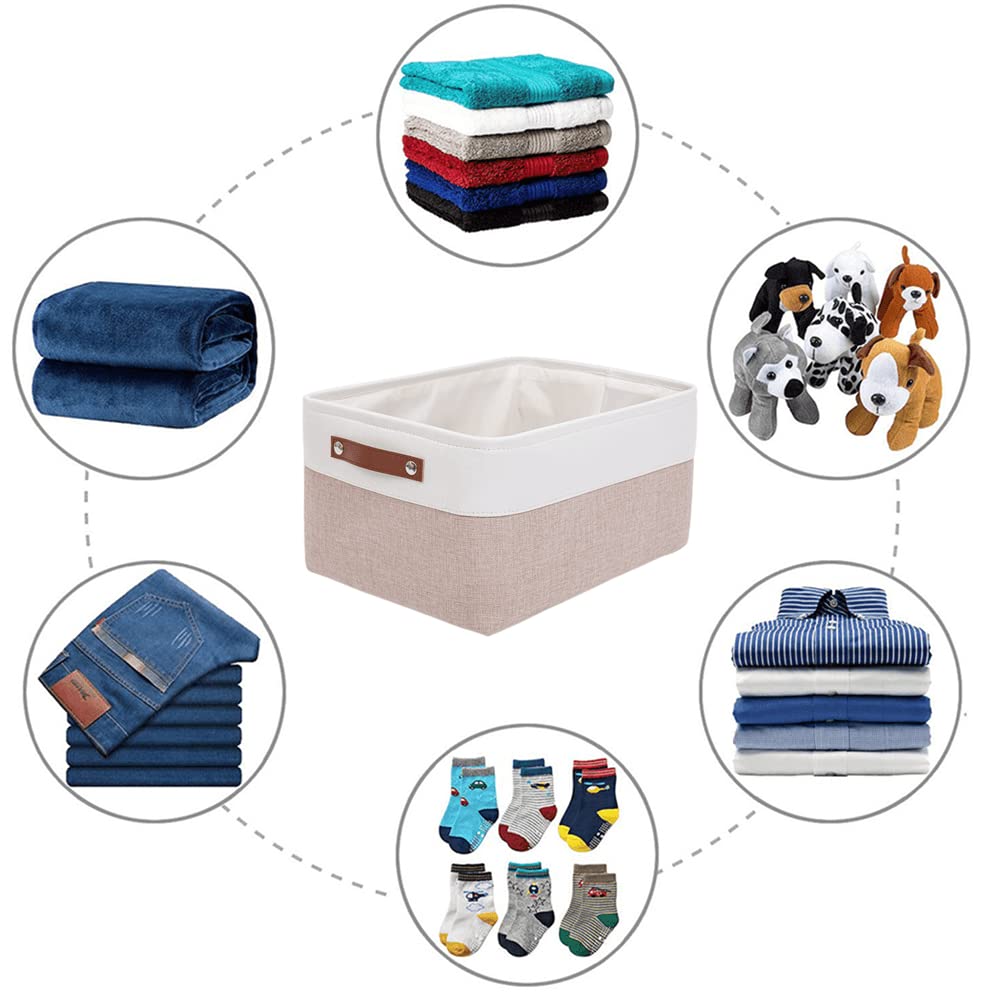 Mangata Juego de 3 Caja de Almacenaje, Cesta de Almacenamiento de Tela Plegable para Ropa, Juguetes, Estanterías, Armarios (Caqui/Blanco, Large)