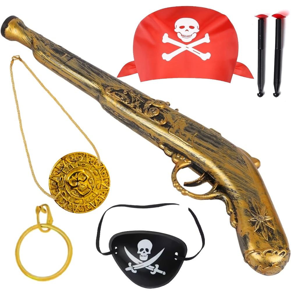Pop The Party Pirate Golden Toy Gun with Pirate Hat Costume for Kids Men and Women| 7PC Play Set with Pistol, and Mask for Halloween Costume Party, Pirate Theme Party Play Set. (B0D2DJKYSR) Amazon Price History, Amazon Price Tracker