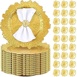 50 Set Charger Plate with Napkin Ring 13 in Round Matte Reef Plate Charger Ruffled Rim Dinner Charger Hollow out Flower Napkin Holder Plastic Plate Charger for Table Setting Wedding (Gold)