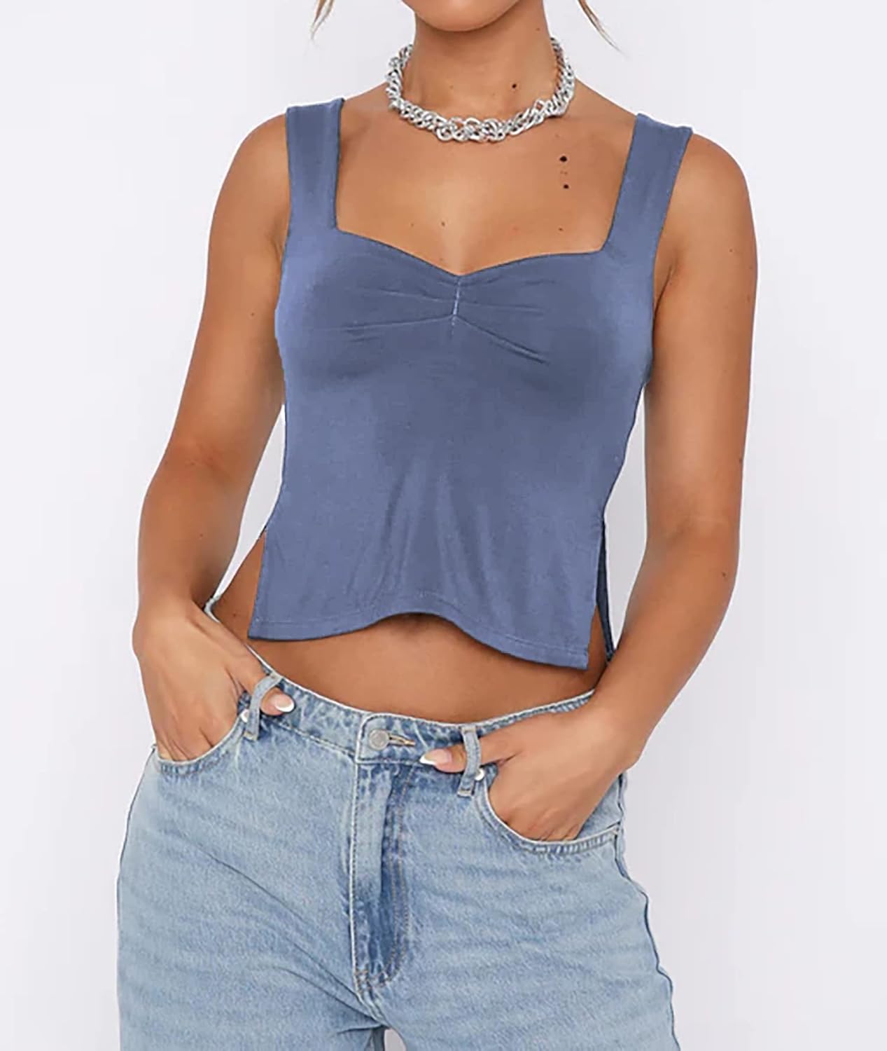 Women's Sleeveless Backless Going Out Crop Tank Top Sexy Pleated Sweetheart Neck Strappy Y2K Slits Cropped Tops - Image 5