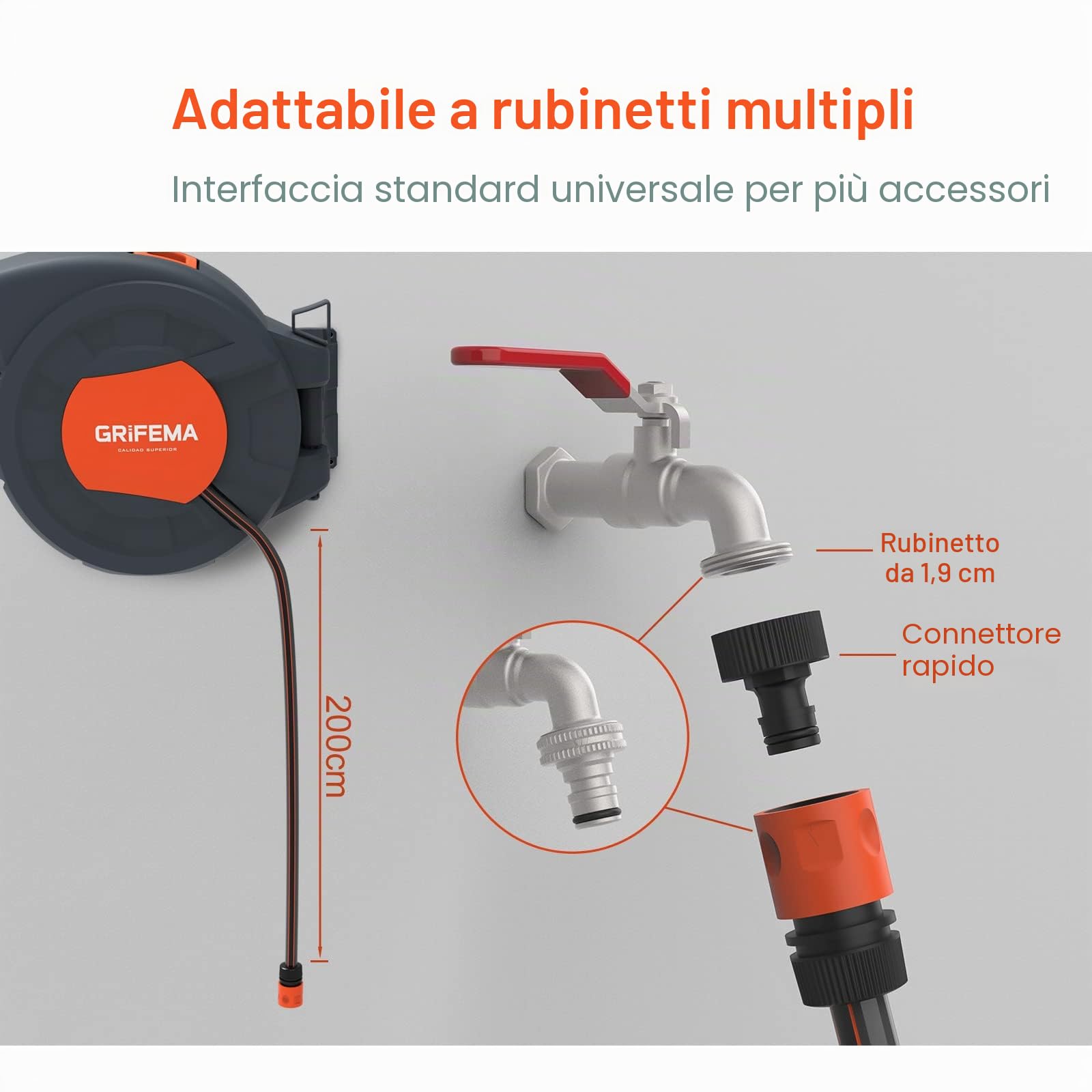 GRIFEMA G301-25 - Avvolgitubo di Bloccaggio per Tubo da Giardino da Riavvolgimento Automatico Retrattile Montato a Parete da 25 m, Girevole a 180°, grigio