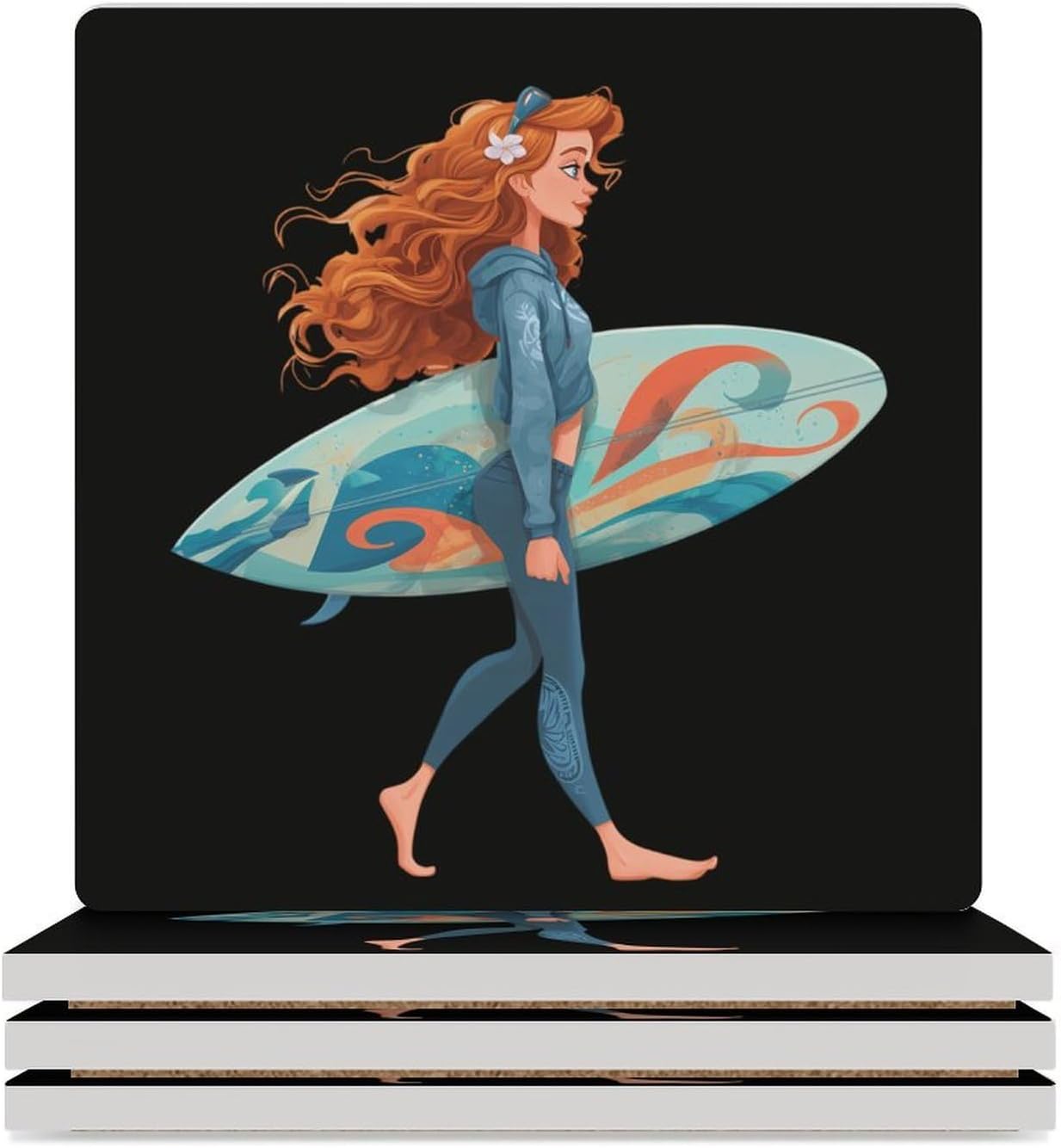 Surfing Surfboard Sport Coaster for Drinks Square Ceramic Table Coasters Stone Mat Crafts 4PCS Home Kitchen Decor