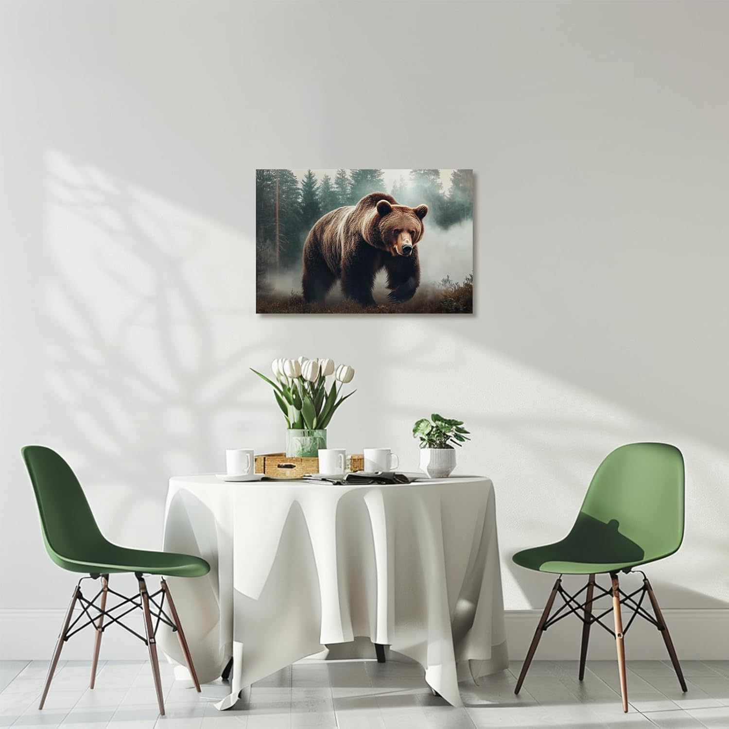 XLMDYYSW Bear Wall Art Wildlife Canvas Prints Wild Animal with Misty Forest Picture Natural Woodland Painting for Living Room Home Bedroom Decor Framed (Black, 12L x 18W)