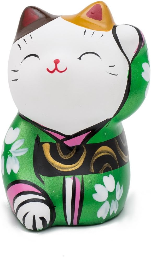THY COLLECTIBLES Hand Painted Feng Shui Mini Maneki Neko Lucky Cat Green Small Trinket Ornament for Home and Car