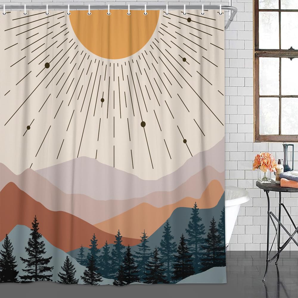 SAOLUIS Mid Century Shower Curtain, Abstract Moutain Shower Curtain Sets Boho Sunset Bathroom Curtain, Waterproof Boho Minimalist Bath Curtain Decor