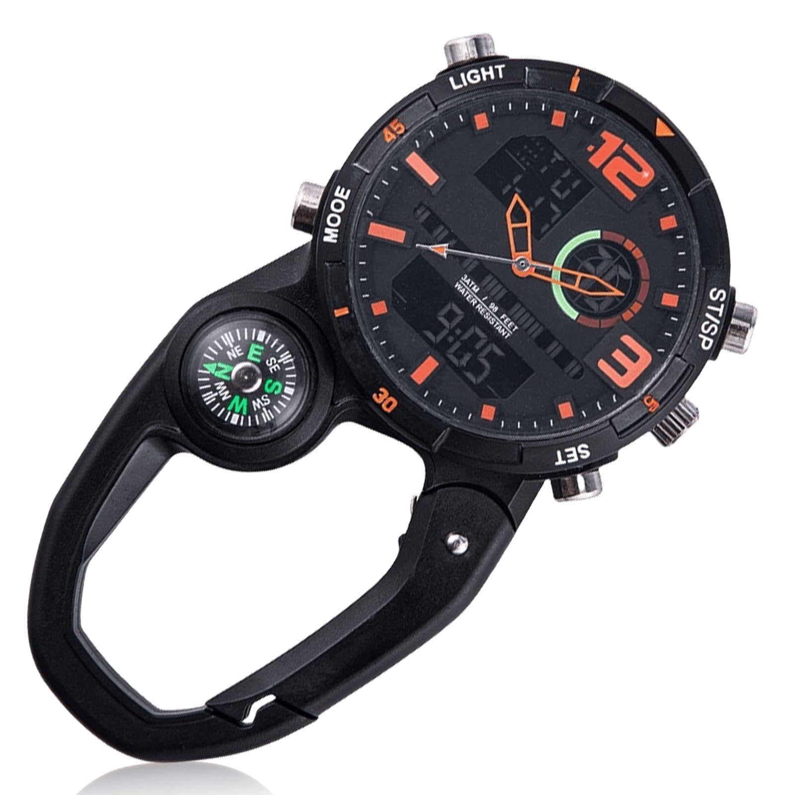 GOMETY Taschenuhr mit Karabiner Schwesternuhr, Clip Karabineruhr mit Leuchtendes, Kalender, Woche, Wecker, Kompass, Digital Uhr Analog Quarzuhr Multifunktionale für Camping Bergsteigen