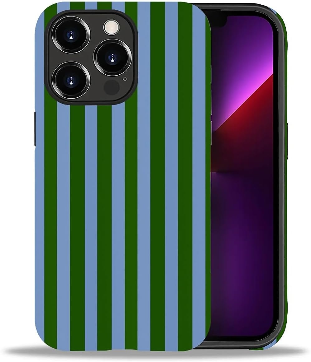 Compatible with iPhone 13 Pro Max Matte Case, Green and Blue Stripes Geometric Vertical Line Pattern for Girl Full Body Design Soft Silicone Drop Shock Scratch Protection - Image 2