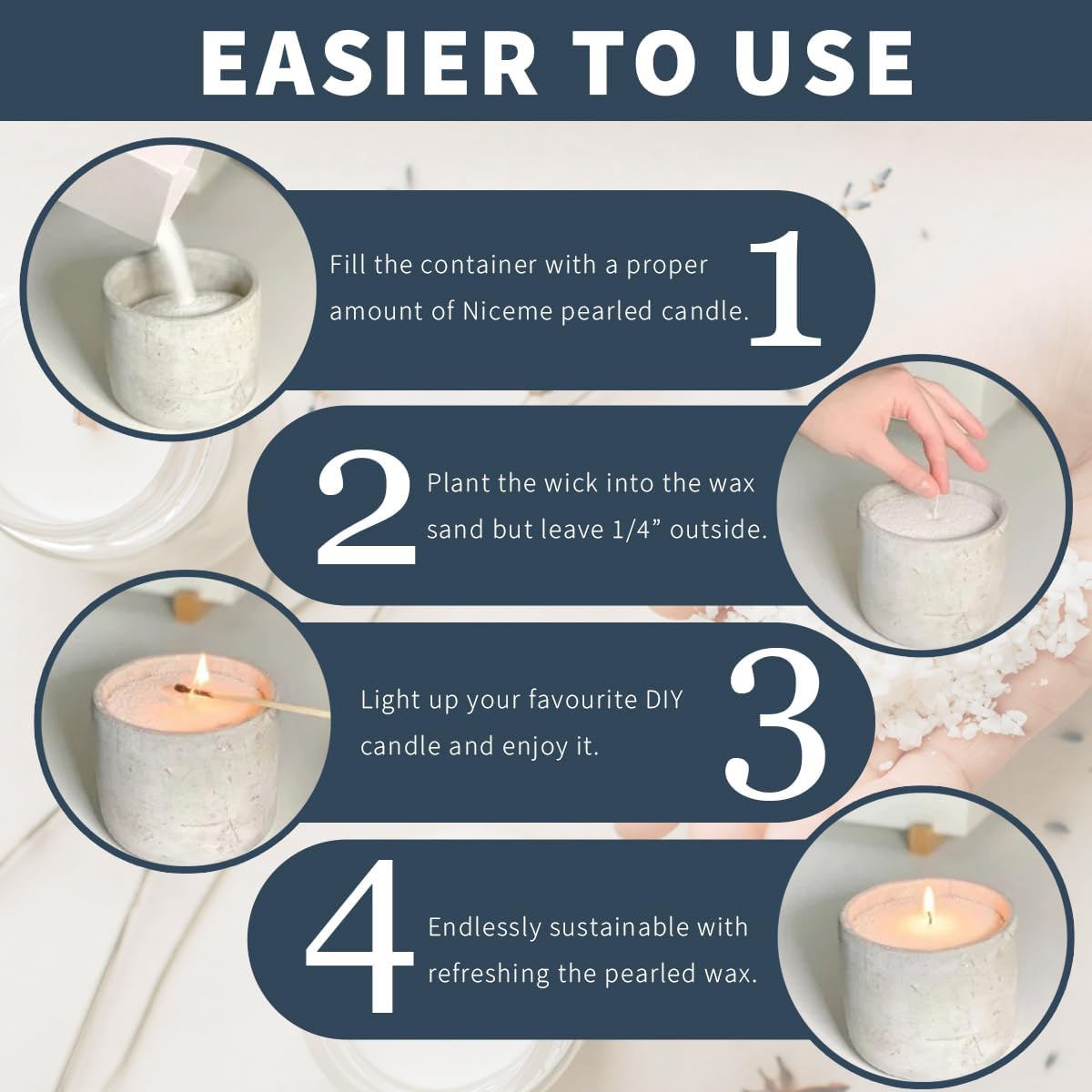 NICEME Customized Powder Candle Making Kit, 11Lb/ 5kg Refillable Beaded Wax Sand All Natural Reusable DIY Pearled Candle Self Extinguish w/ 200 Wicks & 200 Stickers & 2 Centering Devices