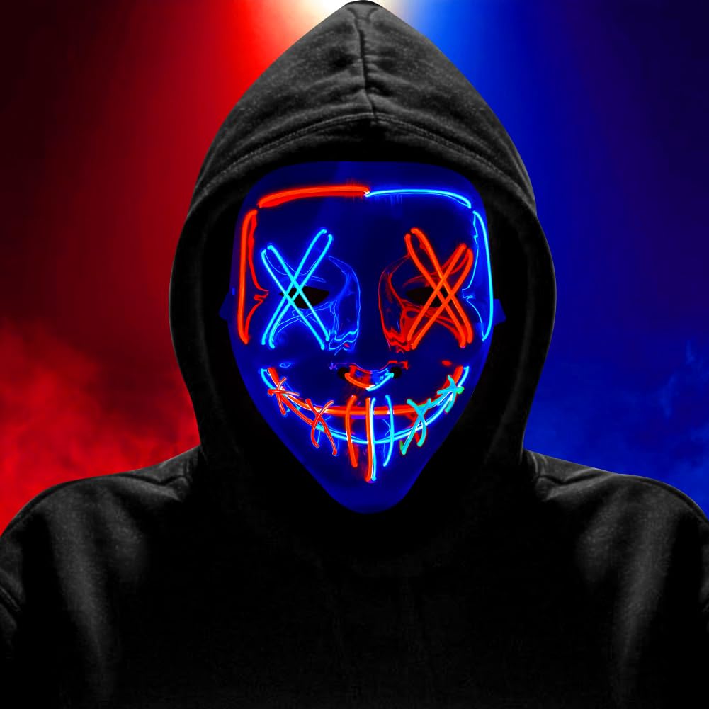 HATFRYF Halloween Masks LED Mask in Multiple Light Modes, Light up Scary Mask, Glowing Horror Smile Masks, Costumes for Men Adults, Anonymous Neon Halloween Gifts - blue red