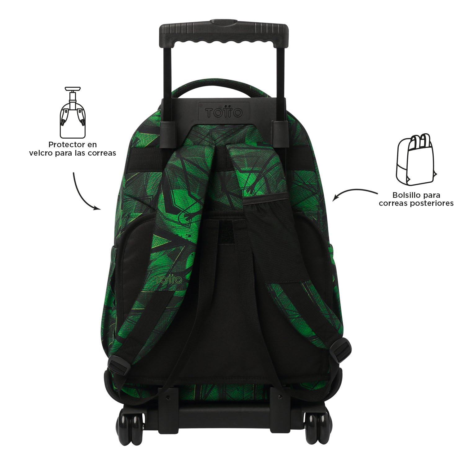 TOTTO - Mochila Escolar con Ruedas, Modelo Renglones, Capacidad 26,21 Litros, Bolsillo para PC 14", Bolsillo Botella, Correas en S para Mayor Comodidad, Resistente, Estampado Jhony Jungle
