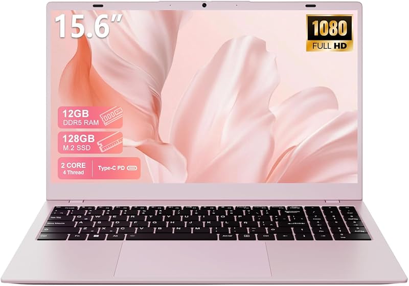 RNRUO 2026 Pink Laptop, Pentium Gold 6500Y Processor(Up to 3.4 GHz),12GB RAM 128GB SSD,15.6 Inch FHD IPS Display, 5000mAh Battery,Type-C,Portable Laptops Computer for Business Office