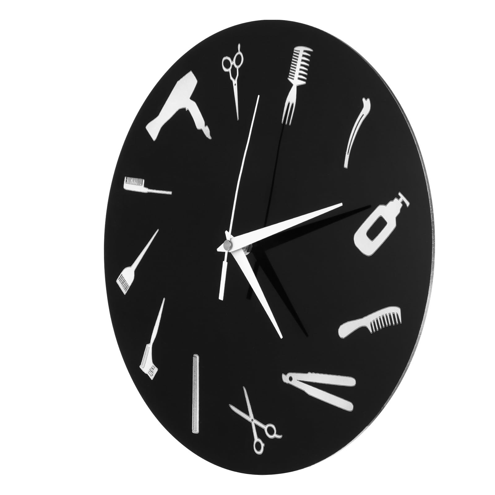 Horloge murale en acrylique noire silencieuse pour salon de coiffure design