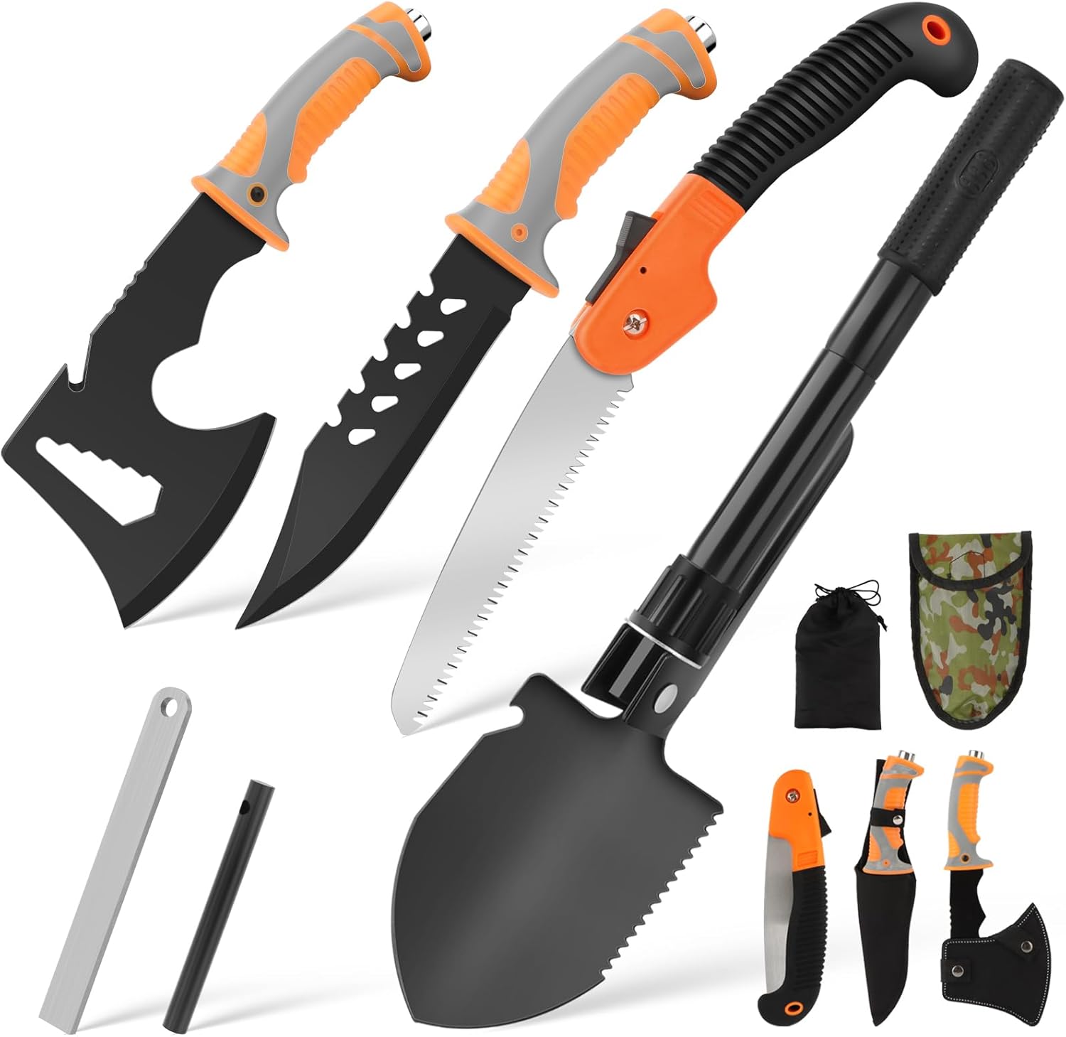 5-in-1 Outdoor Knife Survival Set, Survival Knife Set with Folding Saw, Outdoor Folding Shovel, Camping Axe and Flintstones, Two-Piece Set for Outdoor Adventure, Camping