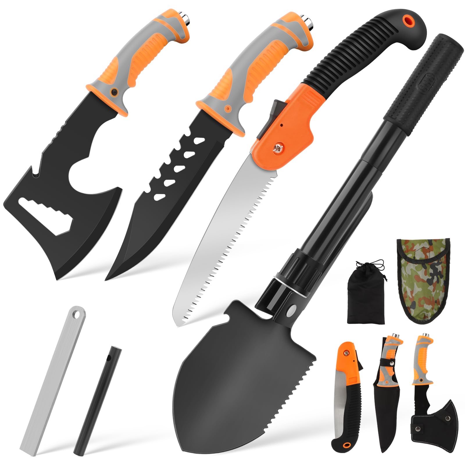 Set di Sopravvivenza 5 in 1 per Esterni, Set di Asce da Campeggio con Sega Pieghevole, Pala Pieghevole, Ascia Sopravvivenza, Coltello Pieghevole e Selci, per Avventure All'aria Aperta e Campeggio