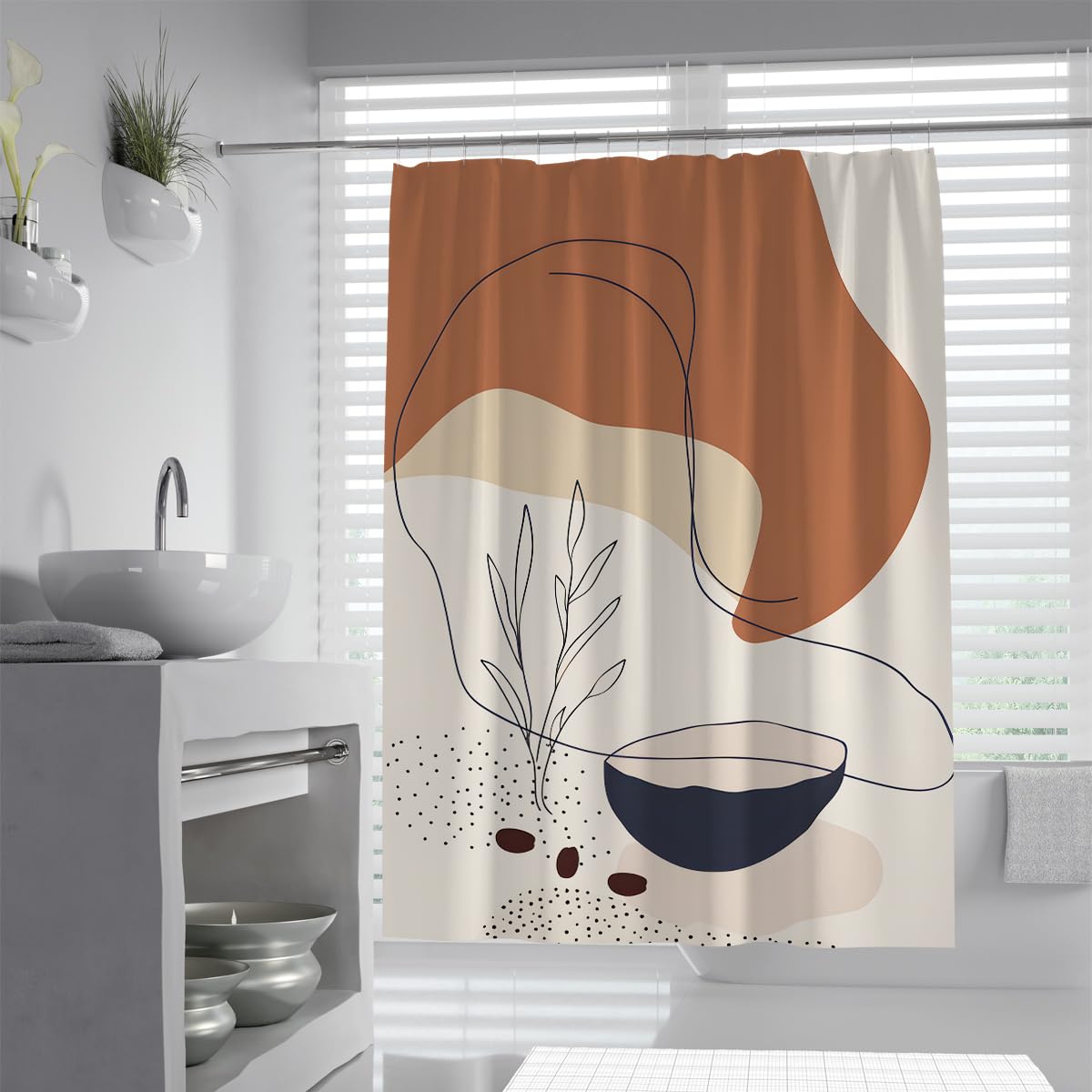 UIRINGART Minimalist Abstract Leaves Shower Curtain W180xL180cm Boho Geometric Earthy Shapes Fabric Mildew Resistant Easy Clean For Bath Tub Bathroom Screen With Hook