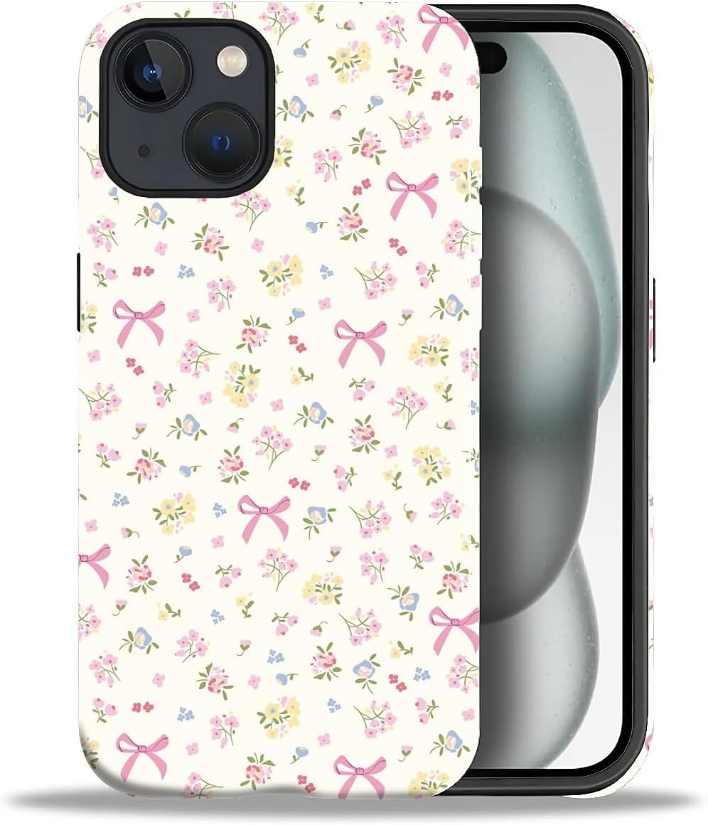 VisEnt for iPhone 15 Case, Cute Phone Case, Aesthetic Dual Layer Shockproof Phone Cover for Women Girls, Pink Bow Floral image 3