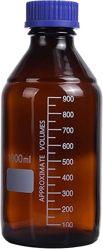Miniatura 1 de Moonetto Paquete de 4 33.8 fl oz de vidrio ámbar graduado redondo laboratorio reactivo mediosbotella de almacenamiento con tapa de rosca azul GL45