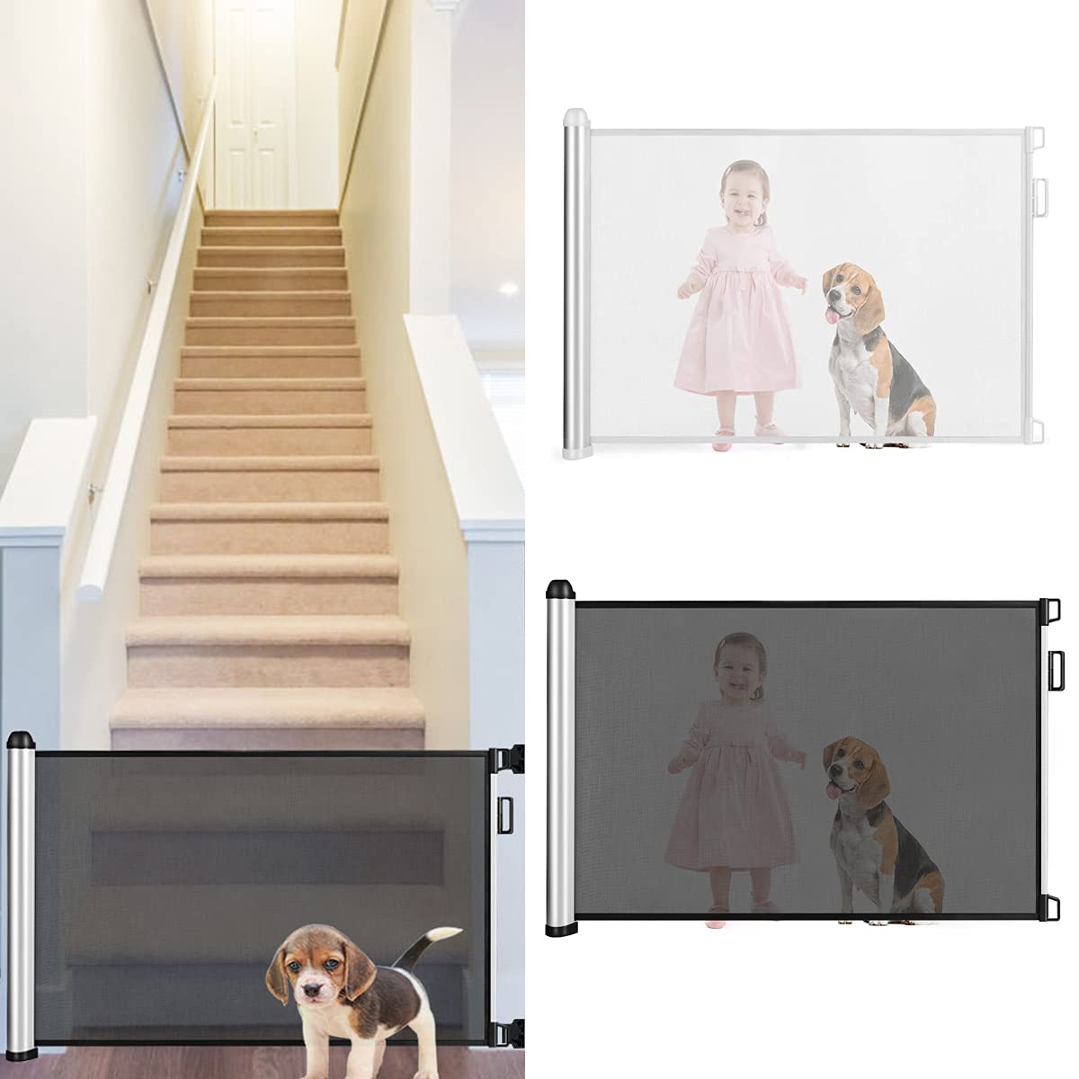 RELAX4LIFE Barrera de Seguridad Extensible hasta 130CM, Valla de Seguridad de Aluminio y Textileno para Perros, Bebés y Gatos, Barrera de Seguridad para Puertas y Escaleras, 130x80cm, Gris