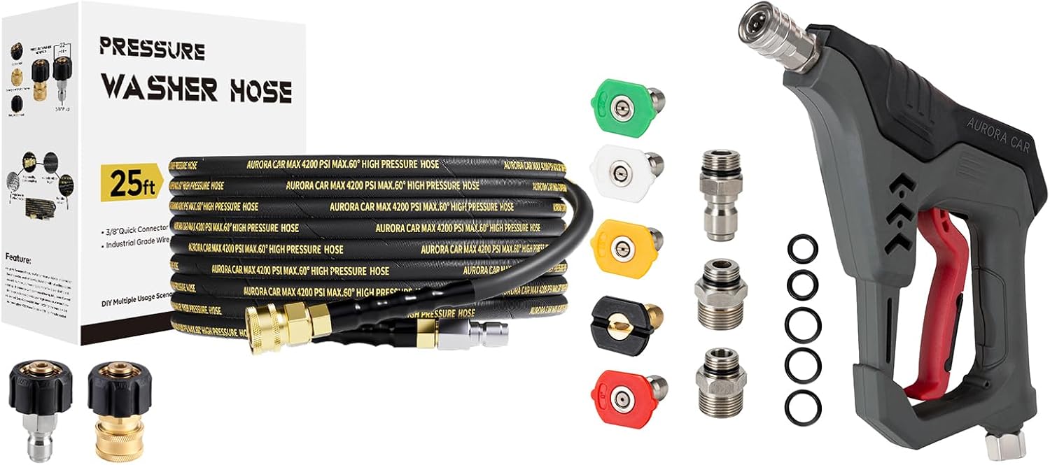 5000PSI Pressure Washer Short Gun and 3/8" Pressure Washer Hose 25FT, Kink Resistant High Tensile Wire Power Washer Hose with Quick Connect