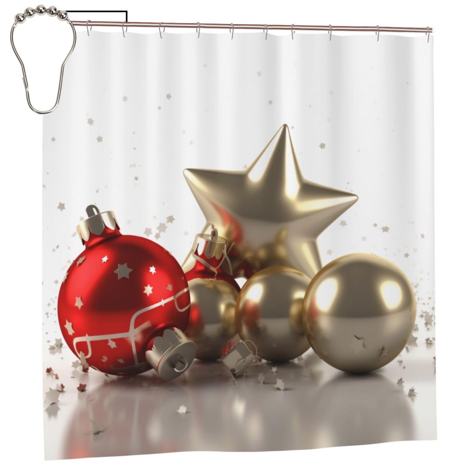 BWWHCCTI Xmas Star Balls Bell Printed Shower Curtain With 12 Iron Hooks Opaque Quick Drying Waterproof Shower Curtains Sets For Bathroom 183x183 CM