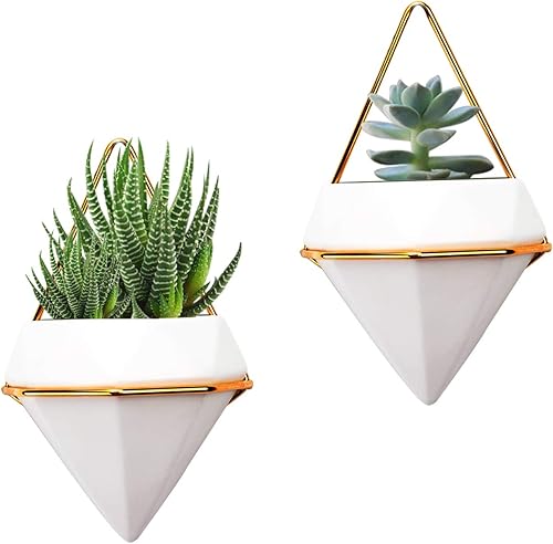 Paquete de 2 macetas colgantes geométricas para decoración de pared, contenedor de cerámica para colgar con marco de metal para plantas suculentas, disponible en Yaxa Venezuela