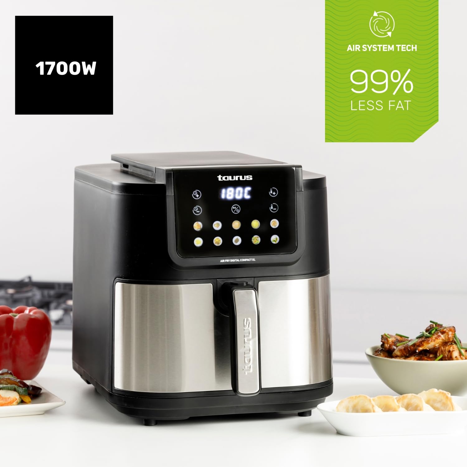 Taurus – Freidora aire Air Fry Digital Compact XL | 1700W | 8L | 8 Programas | Pantalla táctil | Avisador Acústico | Cocción Uniforme | Libre BPA y PFOA | Asa toque frío | Recetario online
