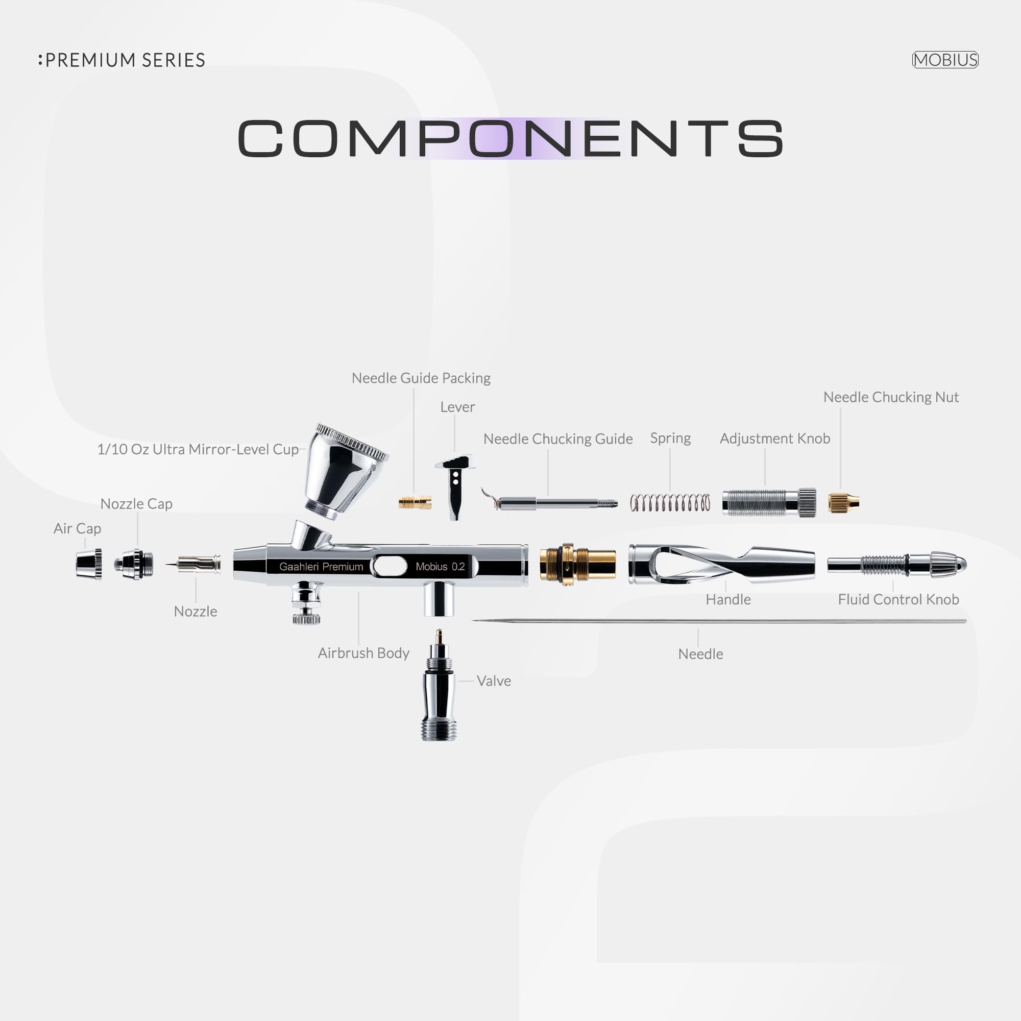 Gaahleri Aërograph Mobius 0,2mm Dysza MAC Cutaway | Dysza spiralna MAC, podgląd cutaway, regulacja napięcia, zbiornik lustrzany, kwadratowy dźwignia