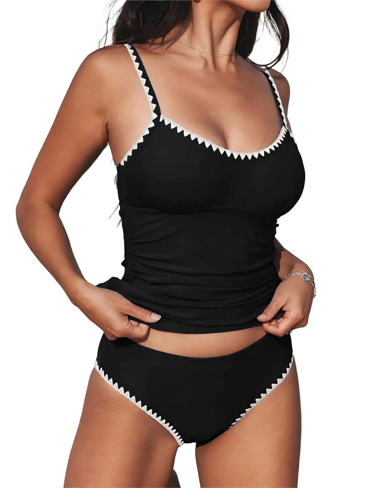 Maillot de Bain 2 Pièces Femme Tankini Push-Up Bikini Deux Pièces Col U Élégant Haut avec Bas de Maillot de Bain Swimwear de Plage Beachwear Été