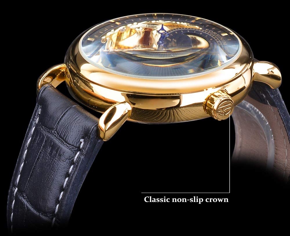 FORSINING Herren Analog Automatik Uhr Vintage AM/PM Sonne Mond Skeleton mit Kalbsleder aus Leder Armband