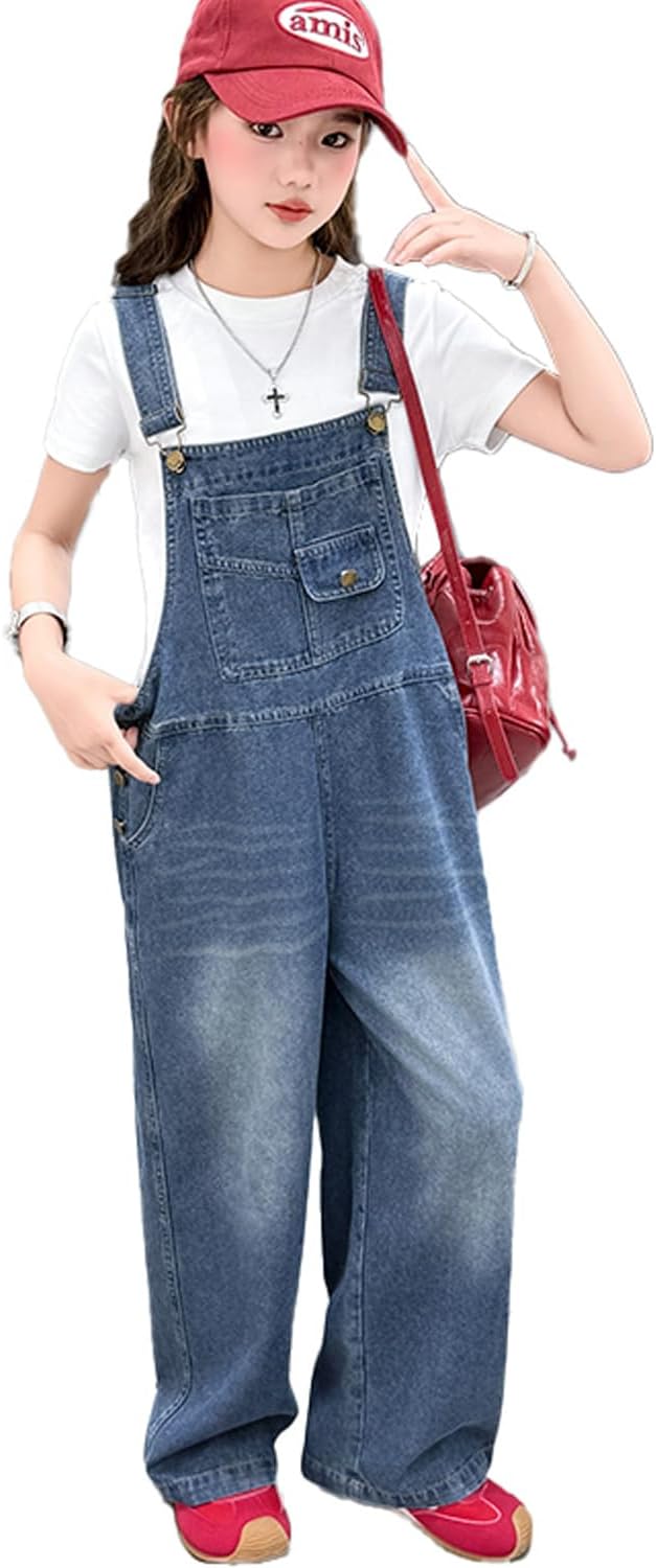 3-14 Years Kids Big Girls Jumpsuits & Rompers Distressed Bib Denim Overalls Blue Long Jeans Stretchy Ripped Jeans