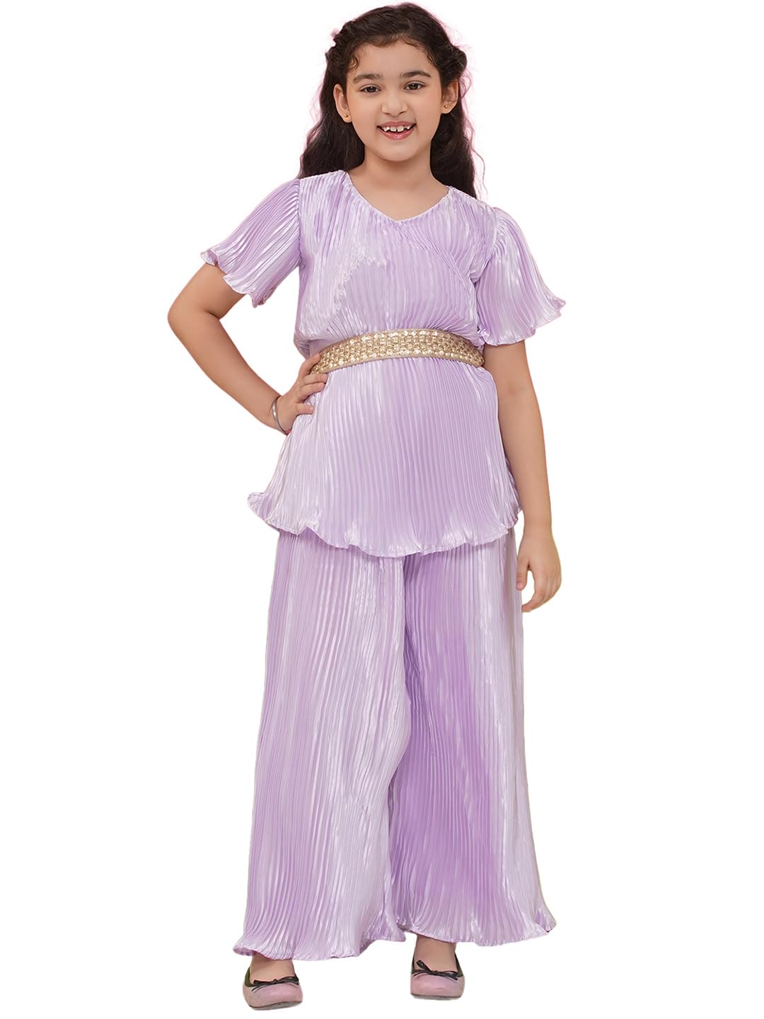 AJ DEZINES Kids Clothing Casual Wear Satin Solid Top and Bottom Dress For Girls With Belt