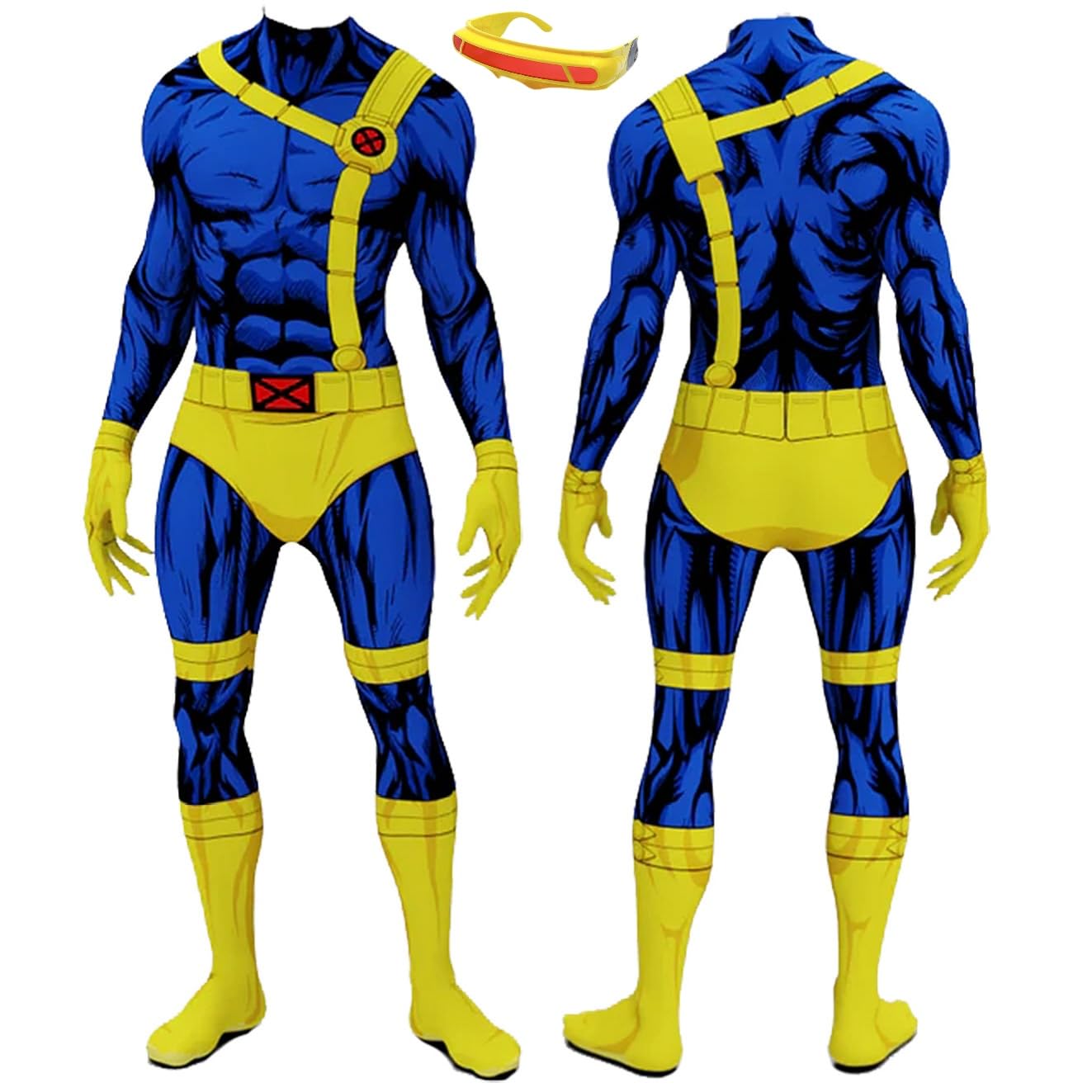 Cyclops Costume Adult Men Printed Jumpsuit with Glasses Superhero Scott Summers Cosplay Bodysuit for Halloween