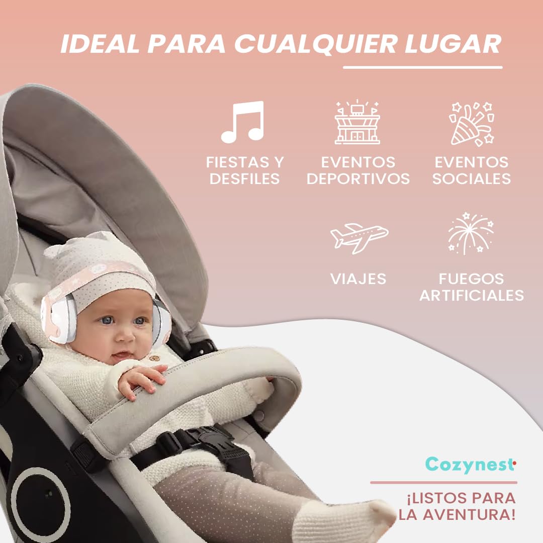 Cozynest Cascos Antiruido para Bebés 0-36 Meses con Reducción de Ruido de 25dB, Diseño de Oso y Diadema Ajustable - Orejeras Antiruido con Bolsa de Transporte (25dB + Cinta Extra, ROSA)
