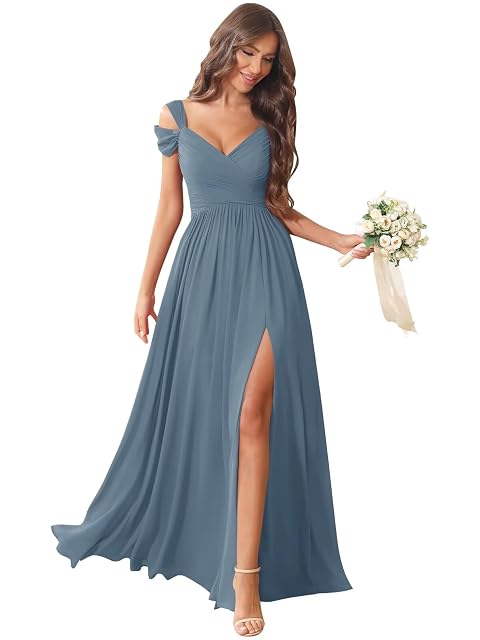 Off Shoulder Chiffon Bridesmaid Dresses for Women Long Formal Gowns Wedding Guest Dress with Slit