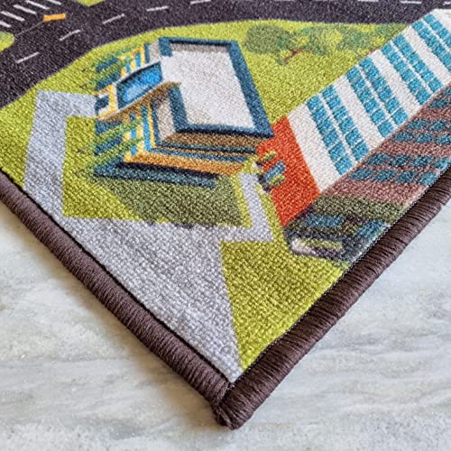 Image of Matz&More Kids Runner & Floor Mat Combo (50x120cm + 40x60cm), Anti Slip Nylon Carpet for Children's Bedroom, Playroom, Bathroom & Nursery, Car Track Green, Rubber Backed Kids Runner Rug