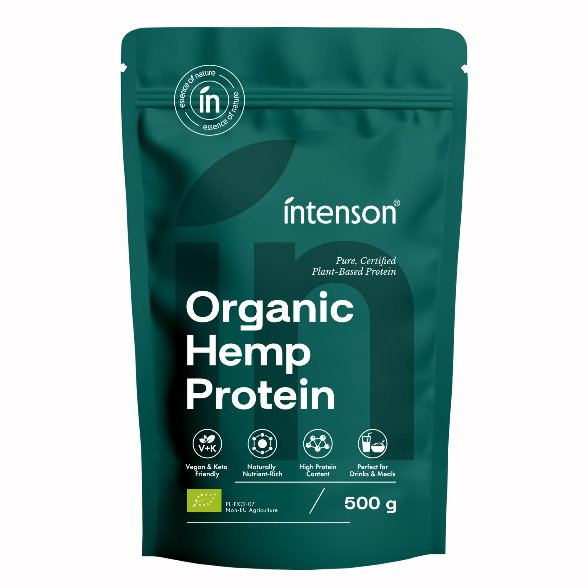 Intenson Bio-Hanfprotein, 500 g, EU-zertifiziert, Hoher Proteingehalt, Unterstützt Muskelerhalt und Regeneration, Vegan, Glutenfrei, Ohne Zusatzstoffe