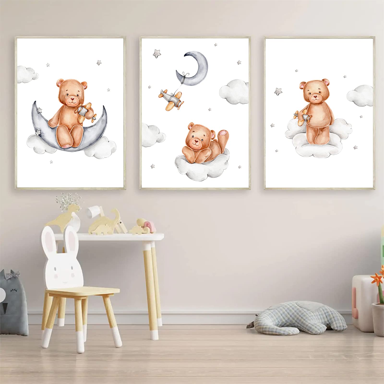 Cartoon Bear Poster Cute Little Bear Poster Cartoon Bear Poster for Children Room Bear Moonanimal Canvas Baby Nursery Painting Moon Star Cloud Artwork Cartoon Animal Canvas Wall Art 16x24inx3 No Frame