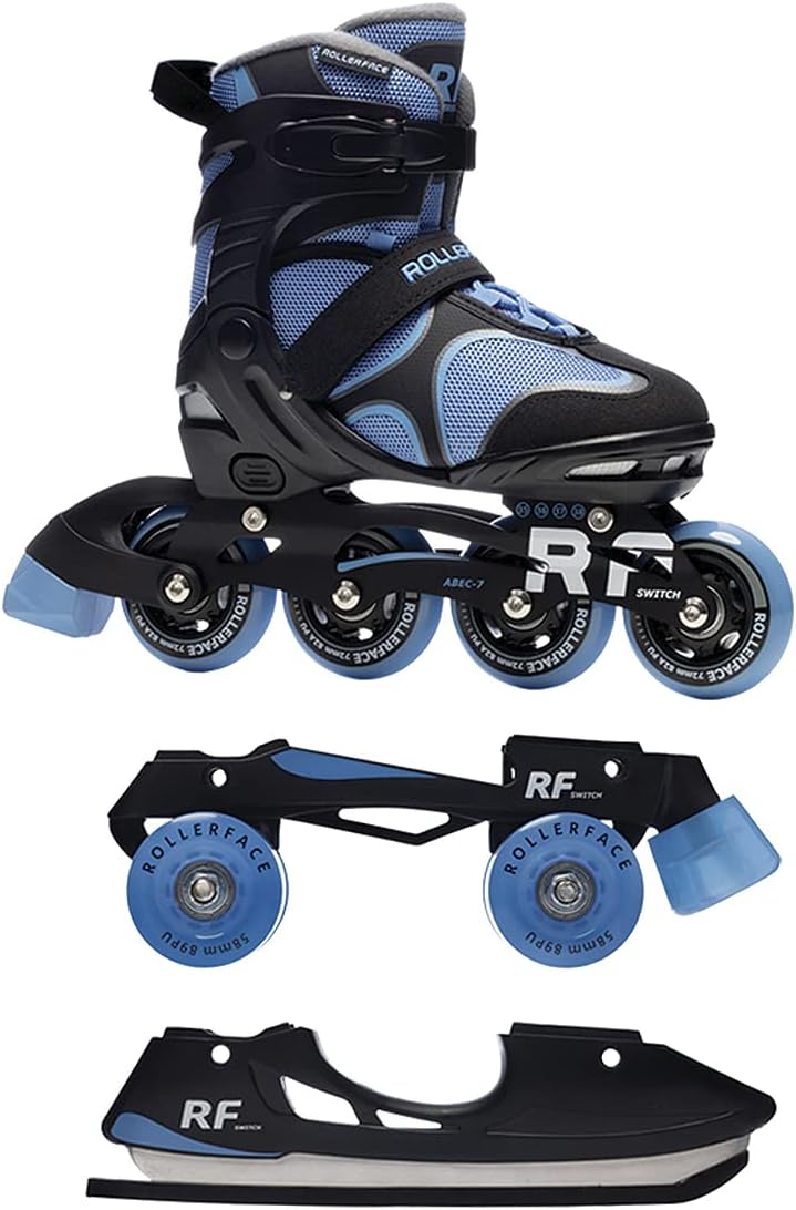 Rollerface Switch 3-in-1, Sport, Outdoor and Recreation Inline Skate, Roller Skate, and Ice Skate. (Adjustable up to 3 Sizes)
