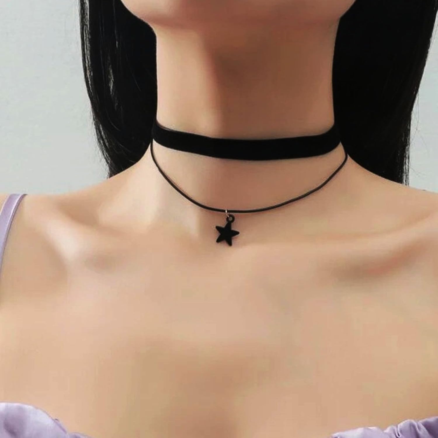 Vintage Layered Black Velvet Choker Necklace Star Pendant Necklace Black Star Choker Necklace Short Black Leather Necklace Boho Suede Leather Choker Necklace for Women - Image 2