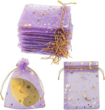 SUMAJU 100 Pieces Moon Star Organza Jewelry Candy Bags 2.7x3.5 Inch | Sheer Purple Organza Pouch Small Gift Bags with Drawstring for Wedding Birthday Party Favors