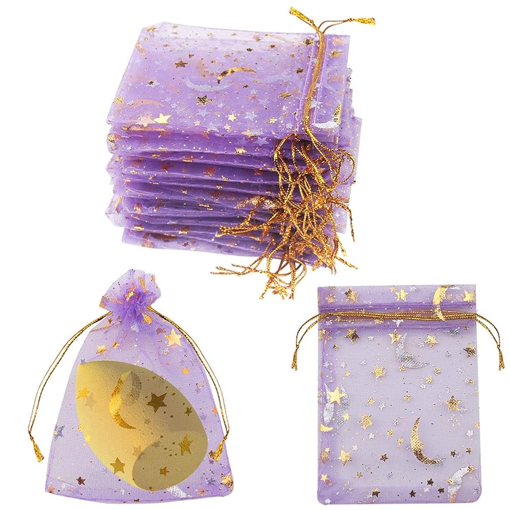 SUMAJU 100 Pieces Moon Star Organza Jewelry Candy Bags, 2.7x3.5 Inch Sheer Purple Organza Pouch Small Gift Bags with Drawstring for Wedding Christmas Party Favors