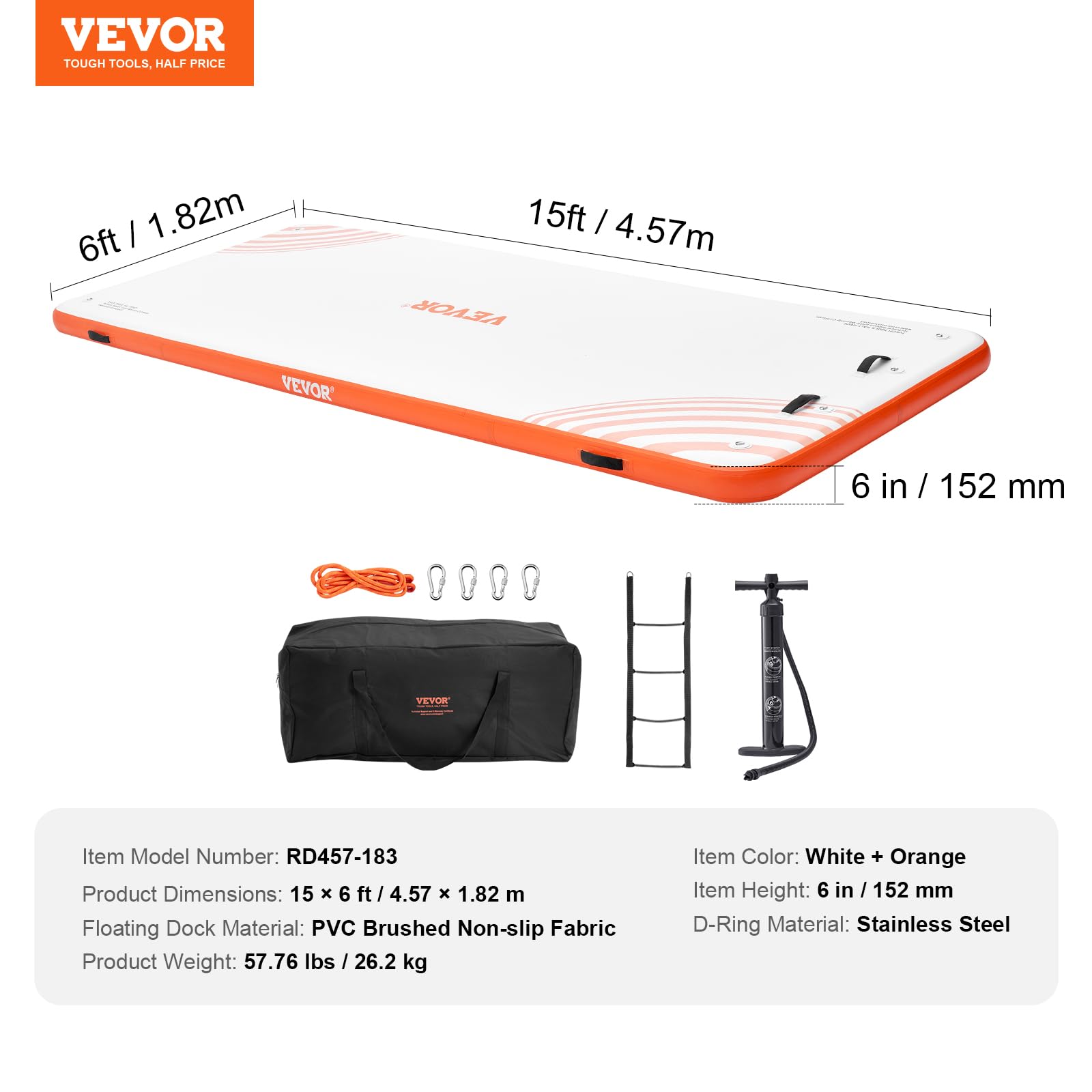 VEVOR Aufblasbares Schwimmdock, 4,57 x 1,82 m, Dockplattform, rutschfeste Wasserschwimmdockmatte mit tragbarer Tragetasche und Abnehmbarer Leiter, schwimmende Plattform-Inselfloß für Pool, Strand
