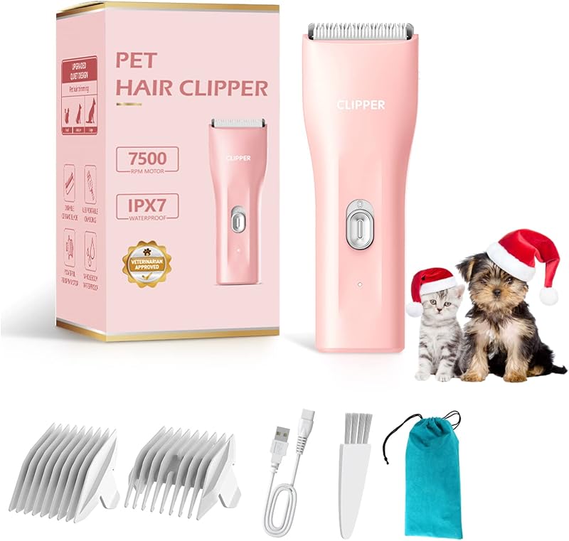 Máquina de Tosa Elétrica para Cães e Gatos Founouly Rosa TS006 com Lâmina Removível e 2 Pentes