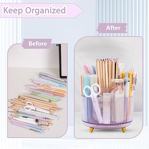 Miniatura 6 de SKYDUE Soporte giratorio para lápices, organizador de bolígrafos con 5 ranuras, organizador de escritorio estético y accesorios para la escuela, el