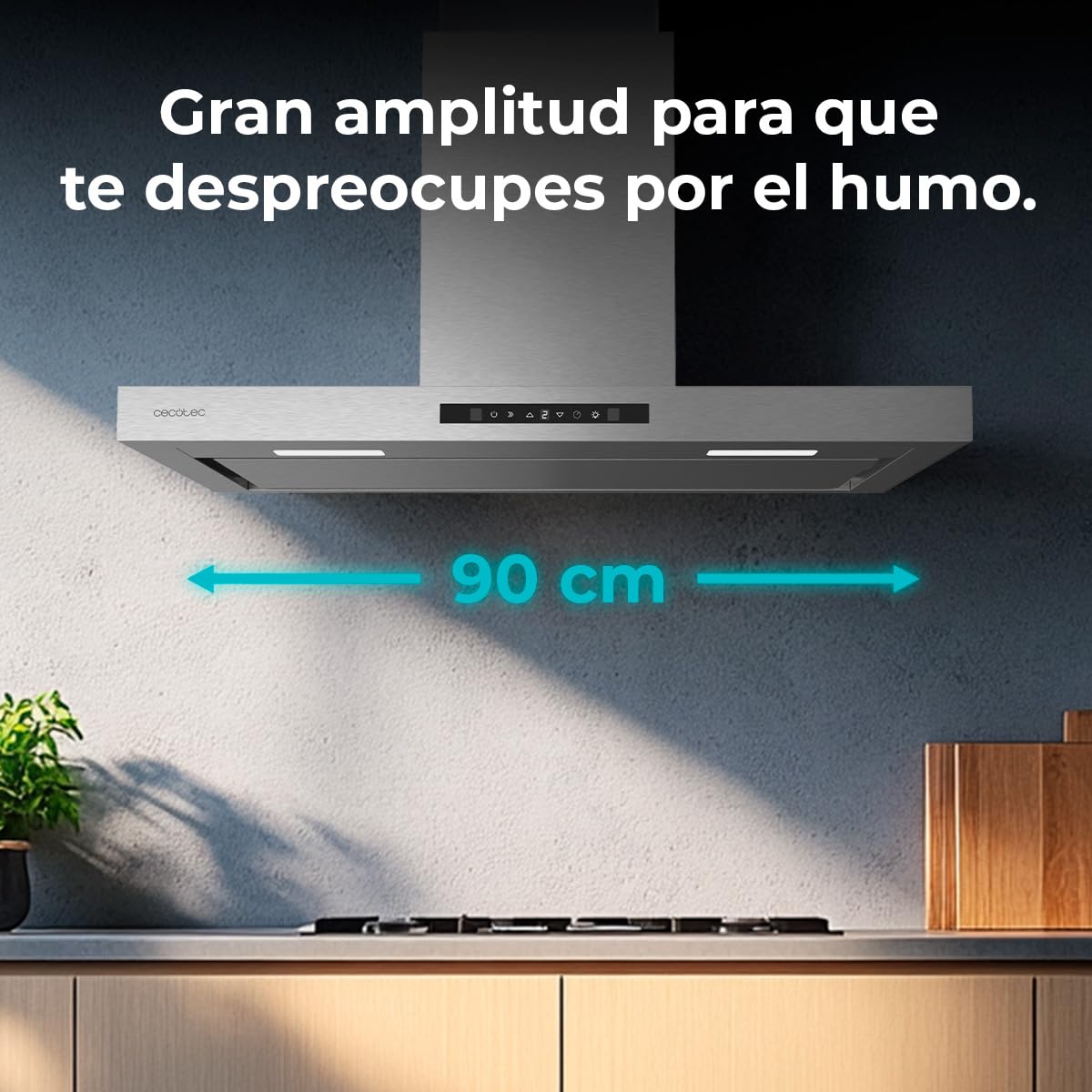 Cecotec Campana Extractora 90 cm Flux TT 908000 Glass Black A++, Clase A, 210W, Fuerza de succión de 800 m³/h, Acabado inoxidable, Control táctil, Hand Movement Control, Delay Funtion, Iluminación LED