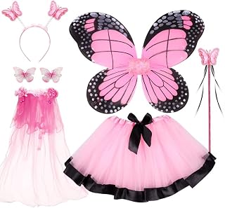 Fairy Costume Set with Butterfly Wings, Tutu, Butterfly Hair Clips, Magic Wand, Headband and Veil for Age 3-8 Years