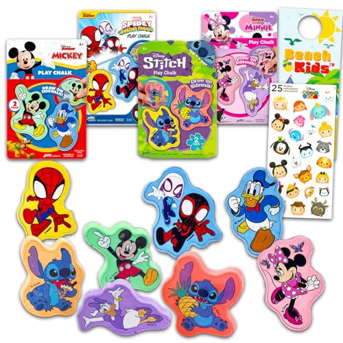 Disney Juego de tizas para acera para niños, paquete con 8 tizas de juego con arañas y amigos, Mickey Mouse, MInnie Mouse, calcomanías Stitch Plus, más | Juguetes de Disney para exteriores para niños